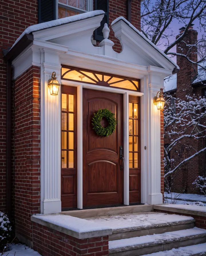A mahogany-grain two-panel arch entry door with sidelights and a fanlight transom in snow