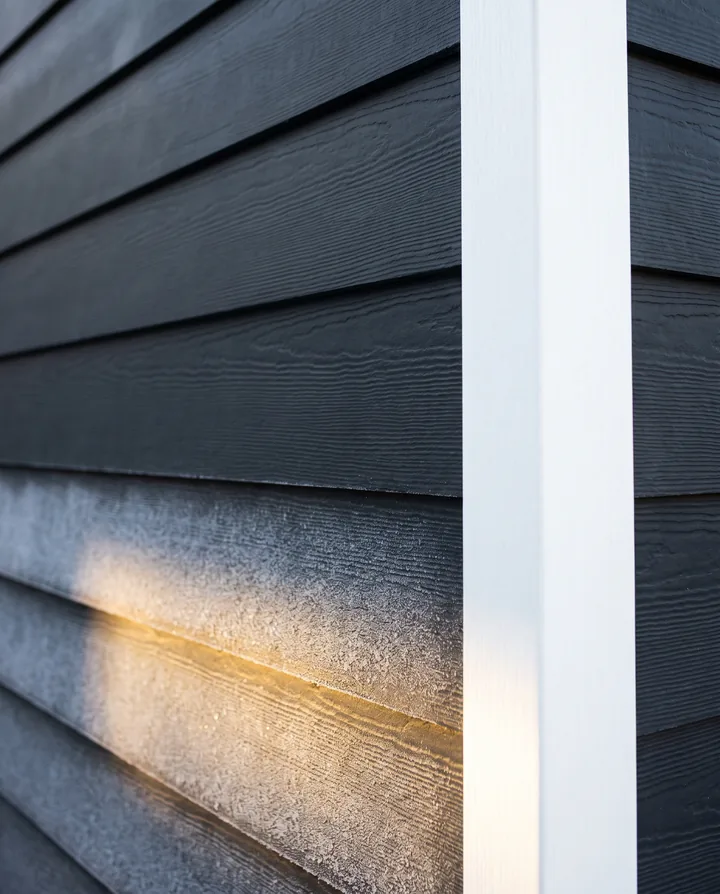 Charcoal fiber cement lap siding with morning frost against white trim