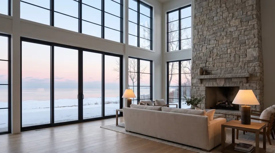 A two-story wall of black-framed windows overlooking Lake Michigan at dawn