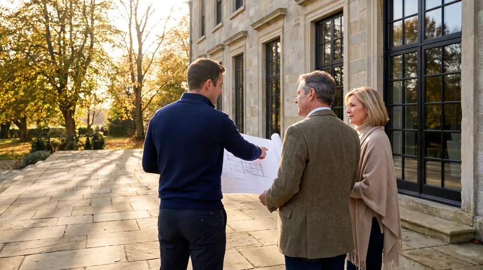 Reviewing window elevations with homeowners on a stone terrace