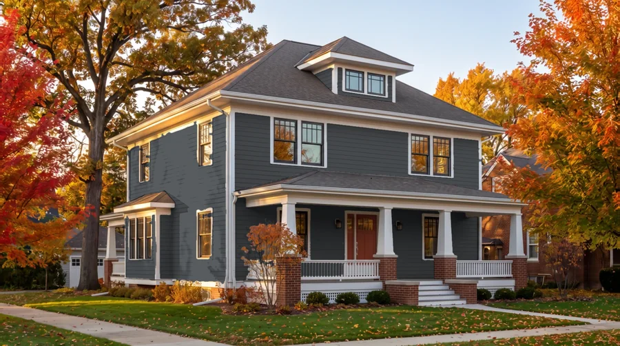 The same house previewed in James Hardie Iron Gray with black windows and a Brick Red door